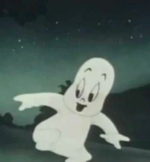  A cartoon ghost with a smile on his face walks around with arms outstretched on a starry night background. 