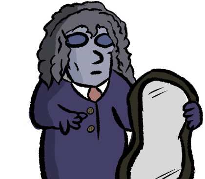 a purple ghost with brown  buttons and a light orange tie. appears to be wearing a silver mask and has dead purple eyes and a neutral expression, their hair is gray and curly and they are holding a mirror with a brown frame