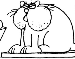 black and white drawing of a chubby cartoon cat with large cheek