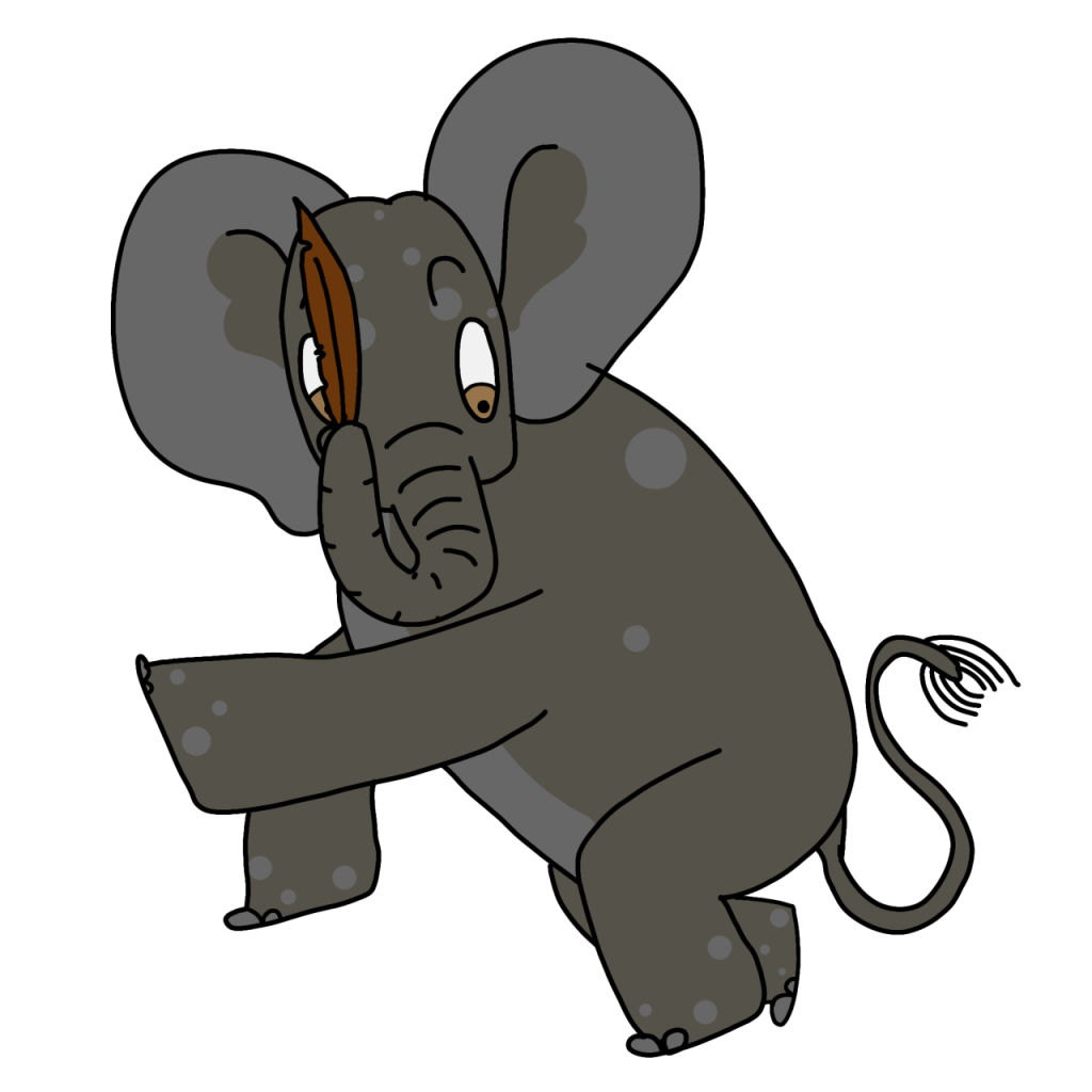 drawing of a grey elephant holding a brown feather, the elephant has green eyes and large ears