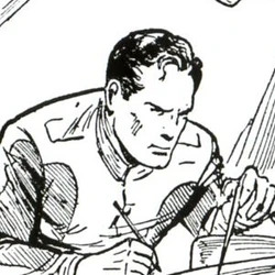 Black and white drawing of a man concentrating while writing with a pen on paper, wearing a buttoned shirt. He's using a geometry compass  to measure something