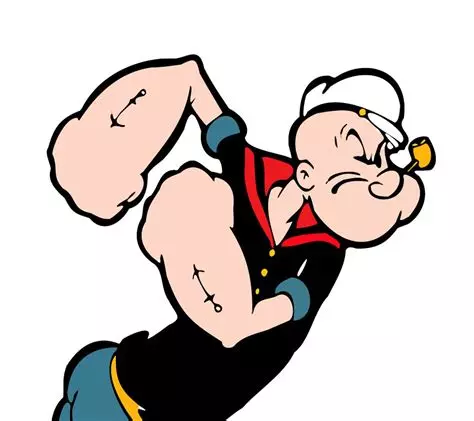 image of a cartoon sailor with large lower arms and huge fists smoking a corn cob pipe and wearing a sailor cap looking disgruntled