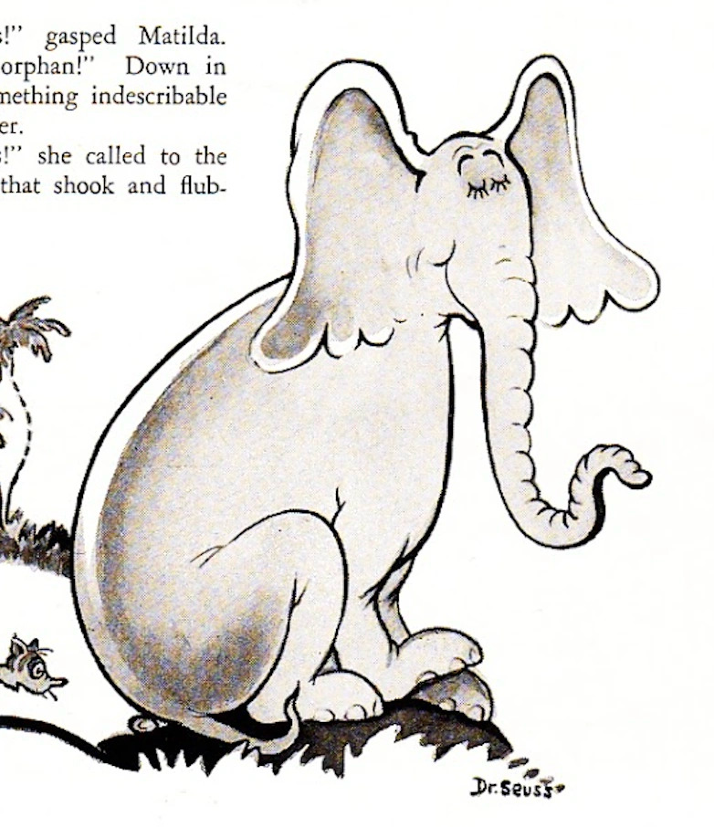 drawing of an elephant sitting on an egg, the elephant has eyelashes and theres some sort of creature looking confused at it to the left. it appears like a screenshot from a magazine. in the lower right corner is a signature of Dr Seuss