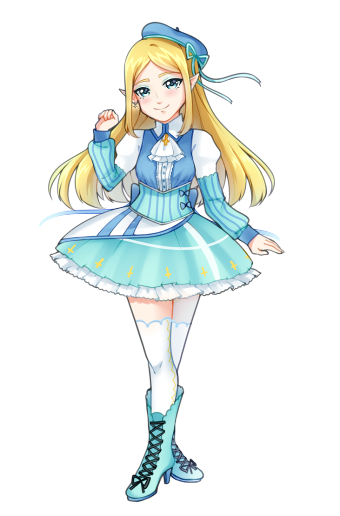 image of an elf girl with fair skin, blue eyes and blonde long hair in a blue dress, big boots and stockings, she has a bow in her hair and puffy blue sleeves by her hands. the dress has yellow upside down crosses at the end of it which reaches just by her thigh