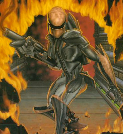 image of a bionic looking person with claws and a big gun body is green with some armoring and a brown helmet with one big slit. he seems to be posing in a sci looking corridor thats currently on fire