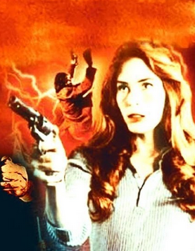 image of a white brunette with long hair in a 70s looking poster pointing a gun, the background is red and theres some thunder coming off a person thats smaller behind her in the distance seemingly a stylistic choice of the poster
