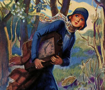 painting of a blonde girl with blue eyes in a blue coat and blue hat holding a large clock in a forest