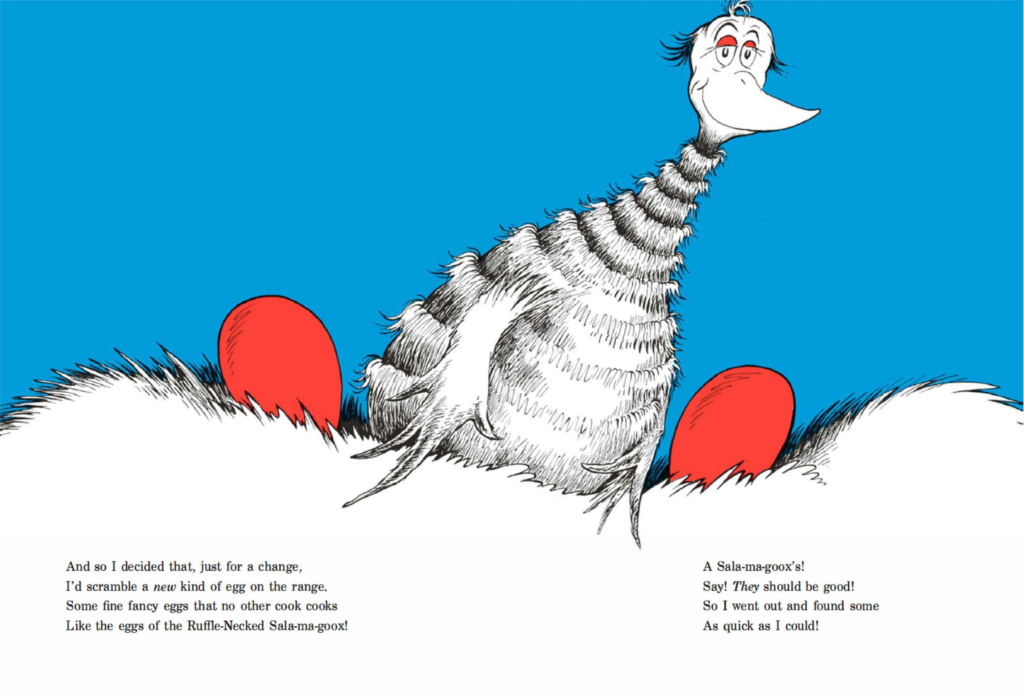 page from a dr seuss book depicting an unusual bird